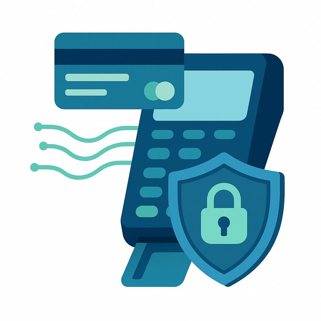 Illustration of secure credit card payment processing with shield icon